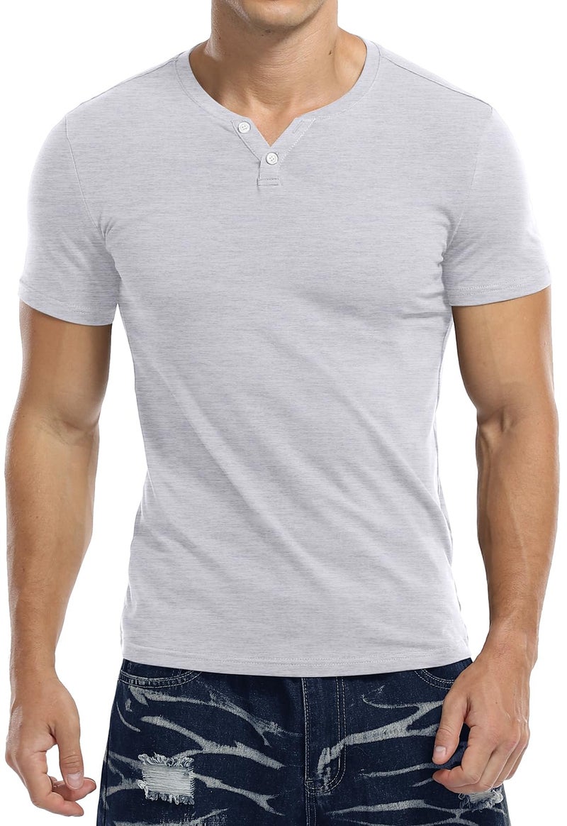KUYIGO Mens Summer Casual Short Sleeve Henley T-Shirt 2 Button Placket Plain V Neck Slim Fit Shirts Grey Large - Image 3